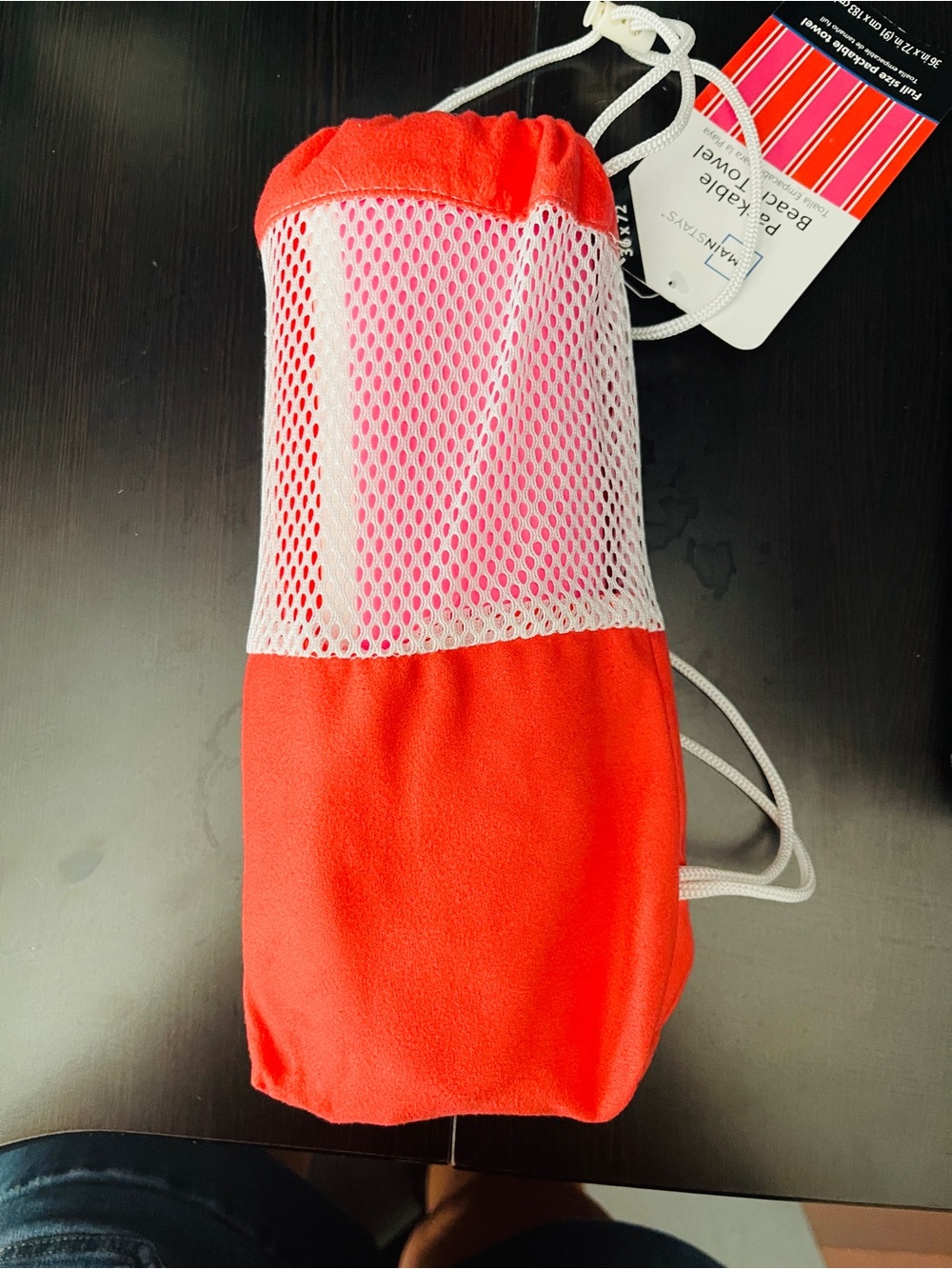 Swimming Fun: Packable Beach Towel Coral Pink Stripes with Travel Bag